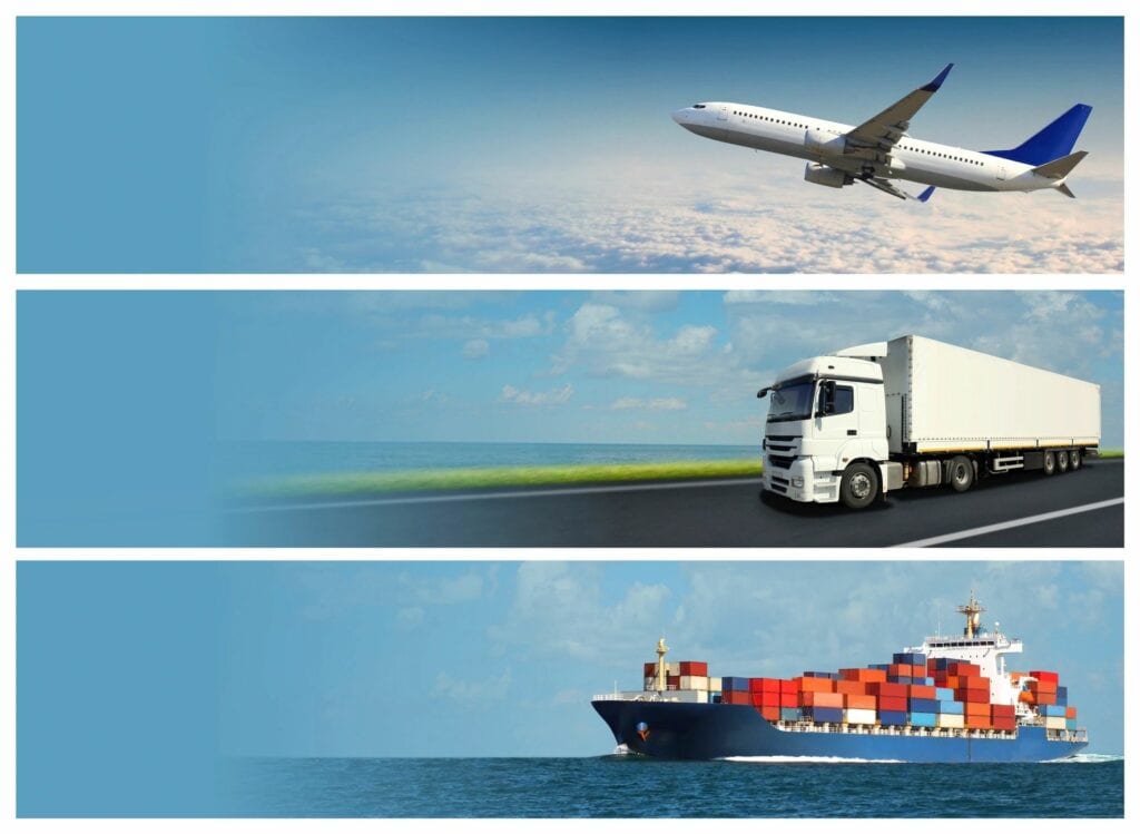 Three different pictures of a plane, truck and boat.